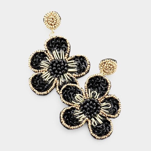 Flower Black Seed Bead Trim Dangle Earrings - Picture 1 of 6